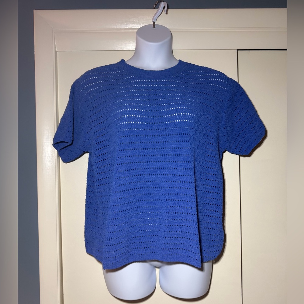 Open-Knit Short Sleeve Sweater - Periwinkle Blue Sz 1X